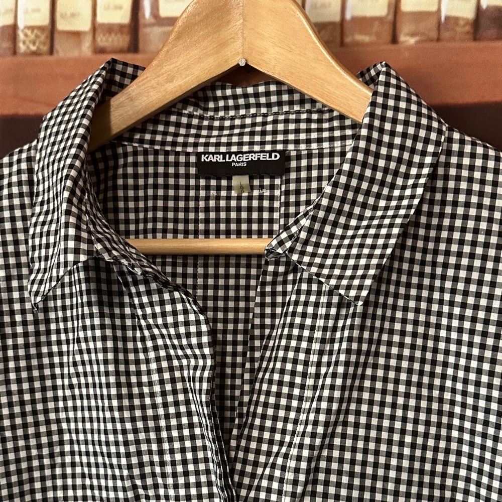 Karl Langerfeld Paris Black white gingham hidden button dress shirt Large